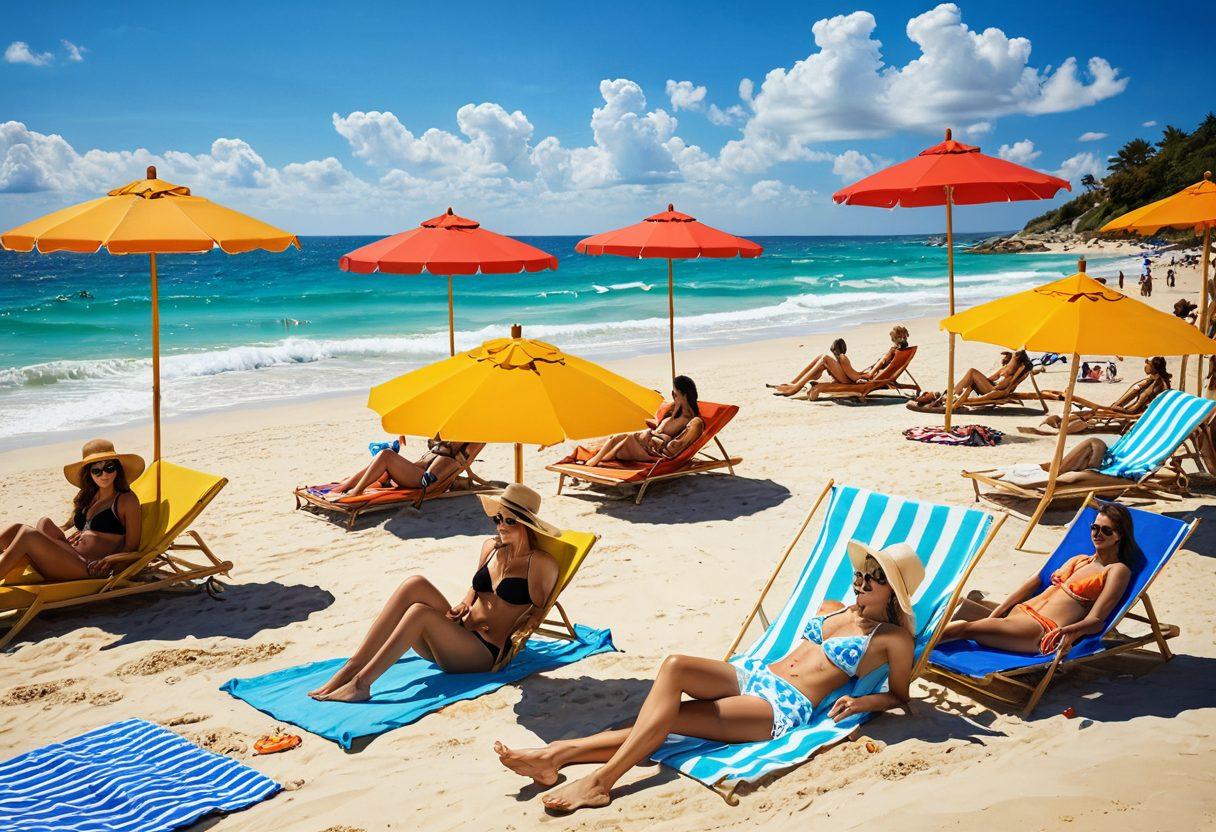 A vibrant beach scene featuring a diverse group of stylish individuals wearing chic beach attire and accessories, including sun hats, sunglasses, and colorful swimwear. The background showcases crystal-clear waves and golden sands under a bright blue sky. Include beach umbrellas and towels scattered across the sand, adding a touch of summer fun and relaxation. super-realistic. vibrant colors. 3D.